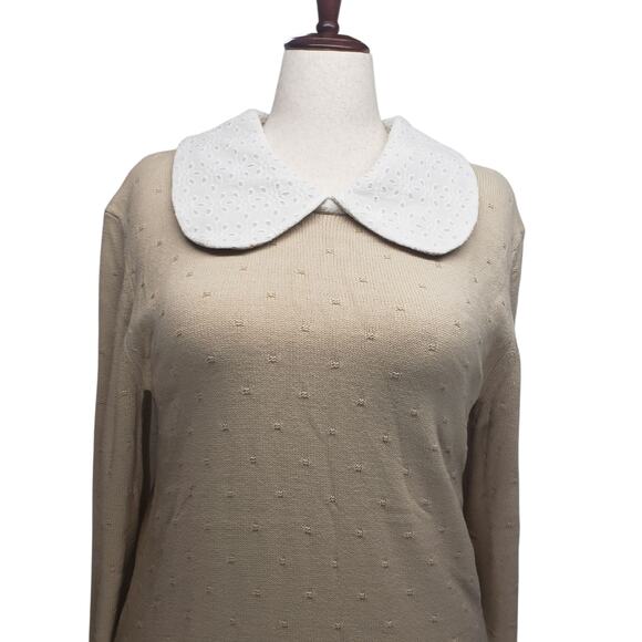 Salt Sweater Shift Dress Sz XL Khaki French Dot Knit Eyelet Collar Cottagecore - Picture 6 of 14